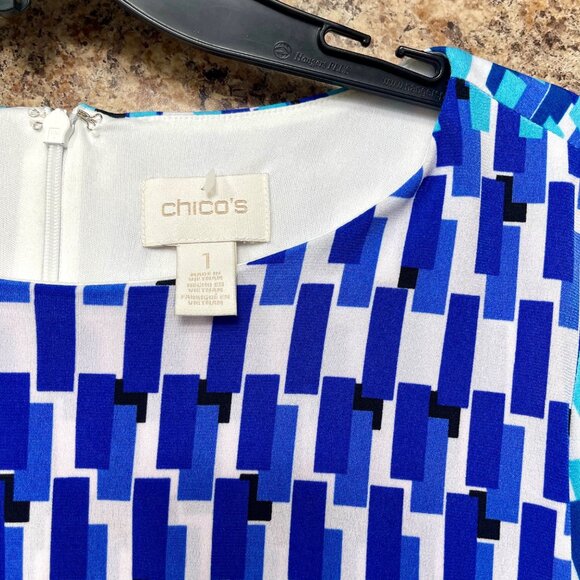 Chicos Geometric Print 3/4 Sleeves Ruching Detail Dress in Blue & Turquoise M - Picture 8 of 11